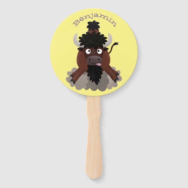 Funny buffalo bison cartoon illustration hand fan (Front)