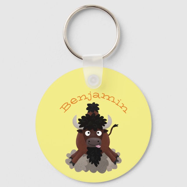 Funny buffalo bison cartoon illustration keychain (Front)