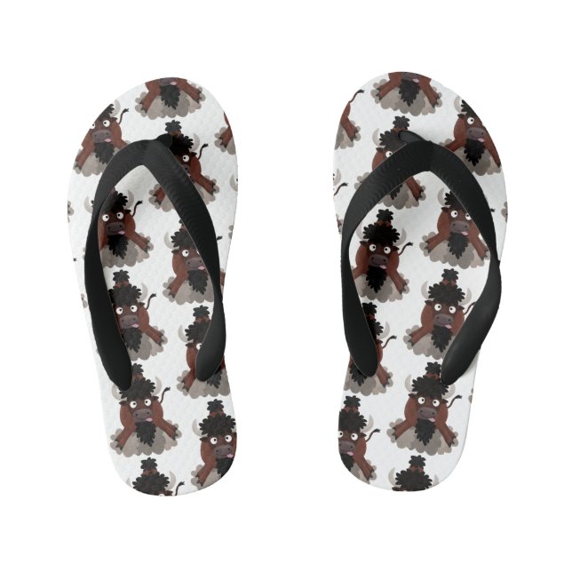 Funny buffalo bison cartoon illustration kid's flip flops (Footbed)