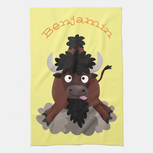 Funny buffalo bison cartoon illustration kitchen towel (Vertical)