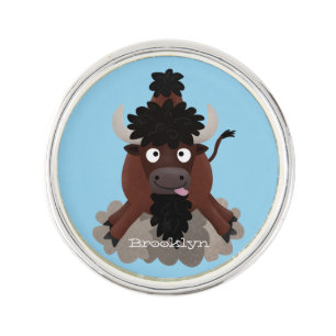 Funny buffalo bison cartoon illustration lapel pin