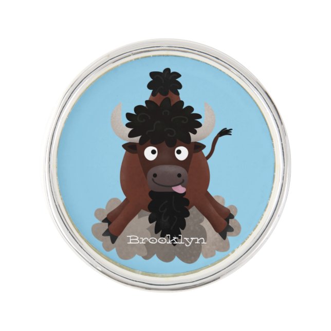 Funny buffalo bison cartoon illustration lapel pin (Front)
