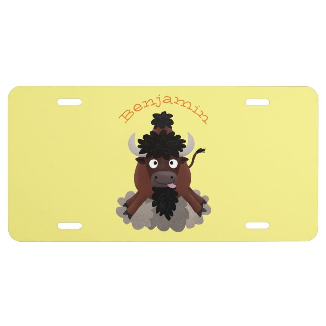 Funny buffalo bison cartoon illustration license plate (Front)
