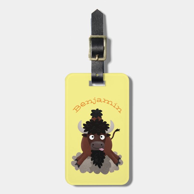 Funny buffalo bison cartoon illustration luggage tag (Front Vertical)