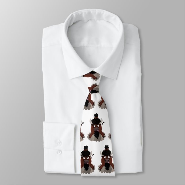 Funny buffalo bison cartoon illustration neck tie (Tied)