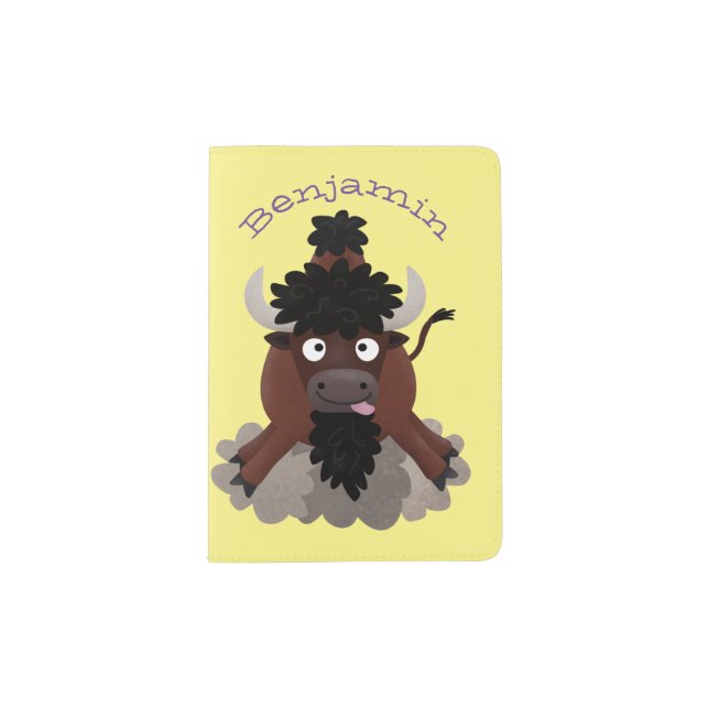 Funny buffalo bison cartoon illustration passport holder (Front)