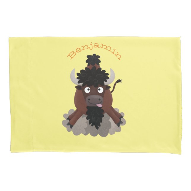 Funny buffalo bison cartoon illustration pillow case (Front)