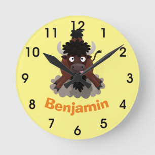 Funny buffalo bison cartoon illustration round clo round clock
