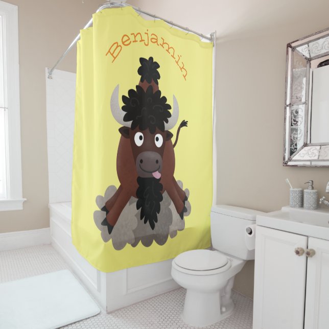 Funny buffalo bison cartoon illustration shower curtain (In Situ)