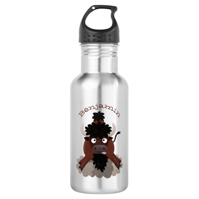 Funny buffalo bison cartoon illustration stainless steel water bottle (Front)
