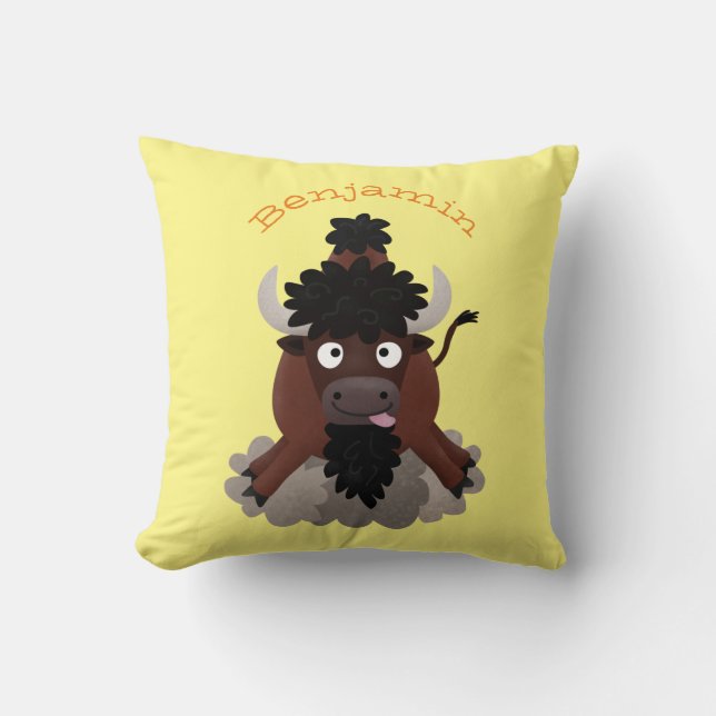 Funny buffalo bison cartoon illustration throw pillow (Front)