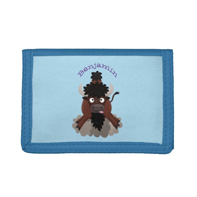 Funny buffalo bison cartoon illustration trifold wallet (Front)