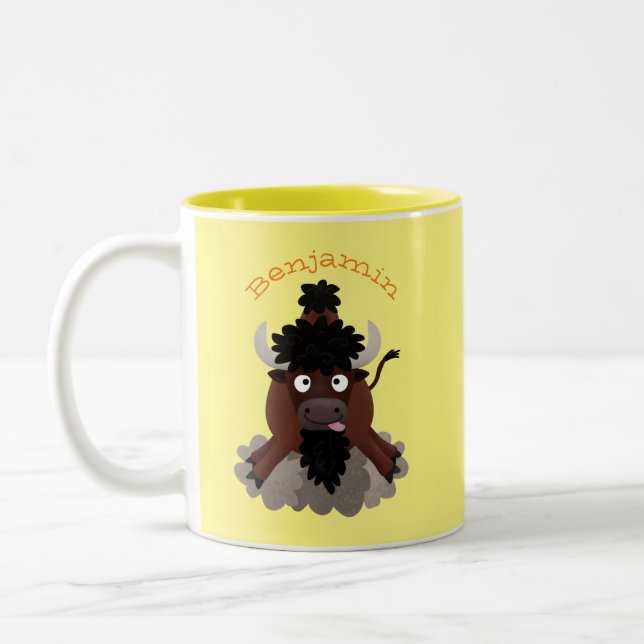 Funny buffalo bison cartoon illustration Two-Tone coffee mug (Left)