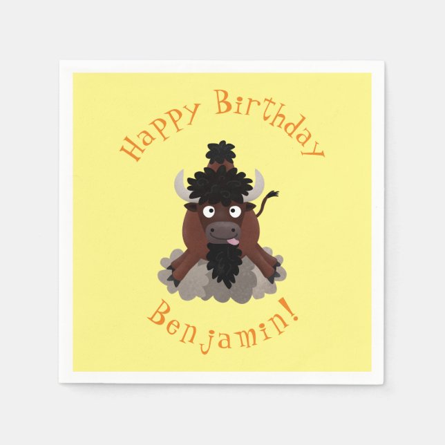 Funny buffalo bison personalised cartoon birthday napkins (Front)