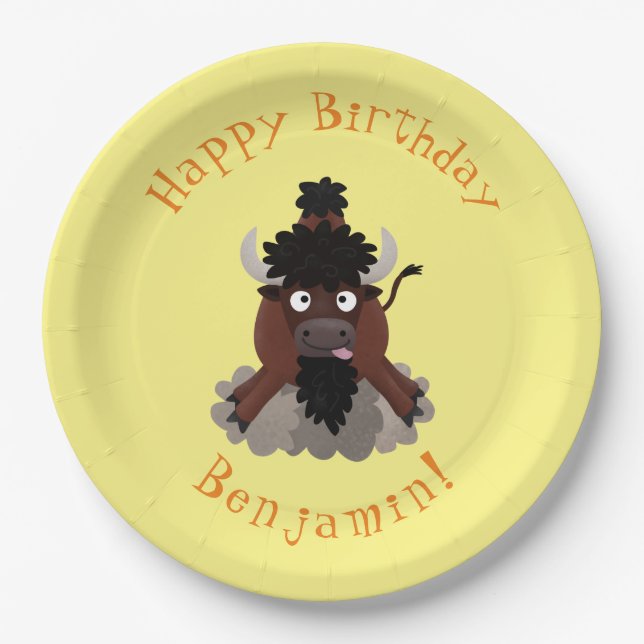 Funny buffalo bison personalised cartoon birthday paper plates (Front)