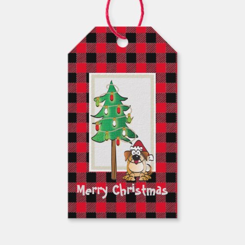 Funny Buffalo Check Dog with Santa Hat Christmas Gift Tags