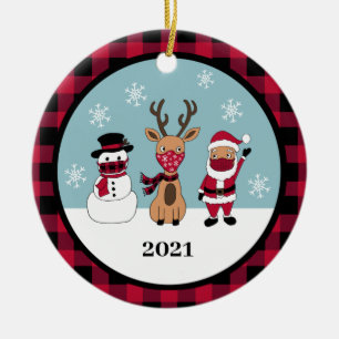 Funny Buffalo Plaid Check Santa Mask Ceramic Ornament