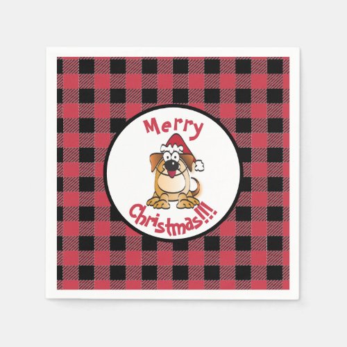 Funny Buffalo Plaid Christmas Dog with Santa Hat Napkins