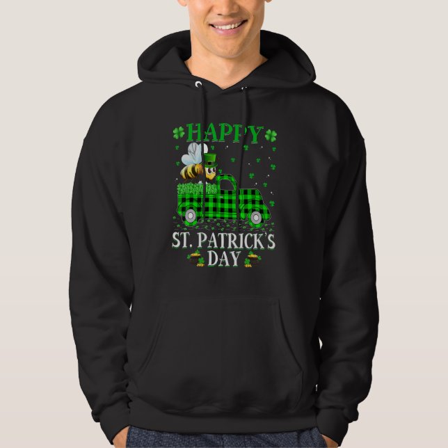 Funny Buffalo Plaid Green Truck Bumble Bee St Patr Hoodie (Front)