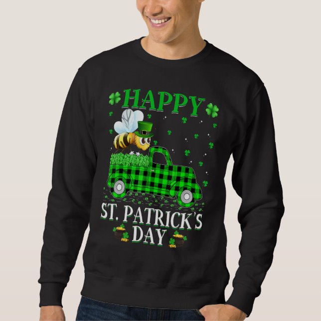 Funny Buffalo Plaid Green Truck Bumble Bee St Patr Sweatshirt (Front)