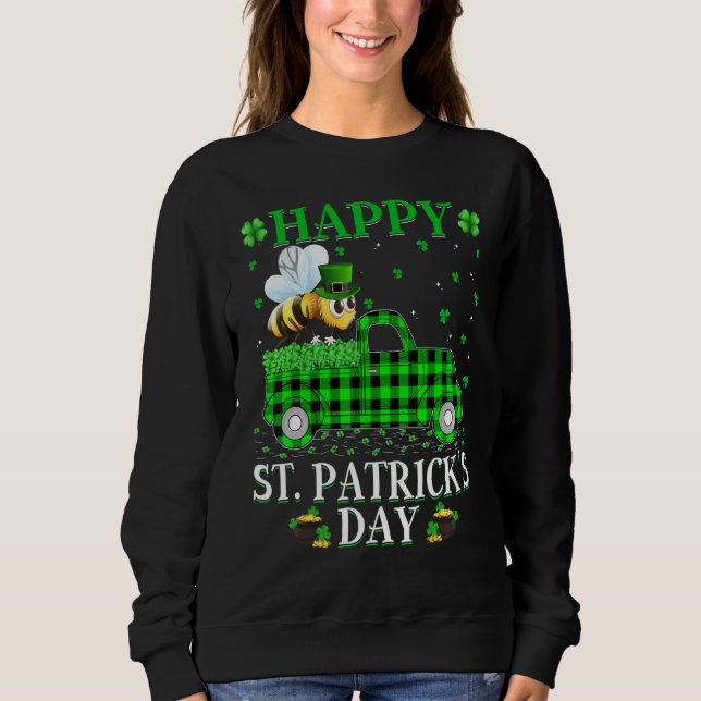 Funny Buffalo Plaid Green Truck Bumble Bee St Patr Sweatshirt (Front)