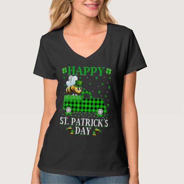 Funny Buffalo Plaid Green Truck Bumble Bee St Patr T-Shirt (Front)
