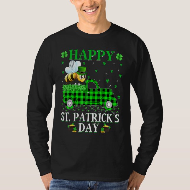 Funny Buffalo Plaid Green Truck Bumble Bee St Patr T-Shirt (Front)