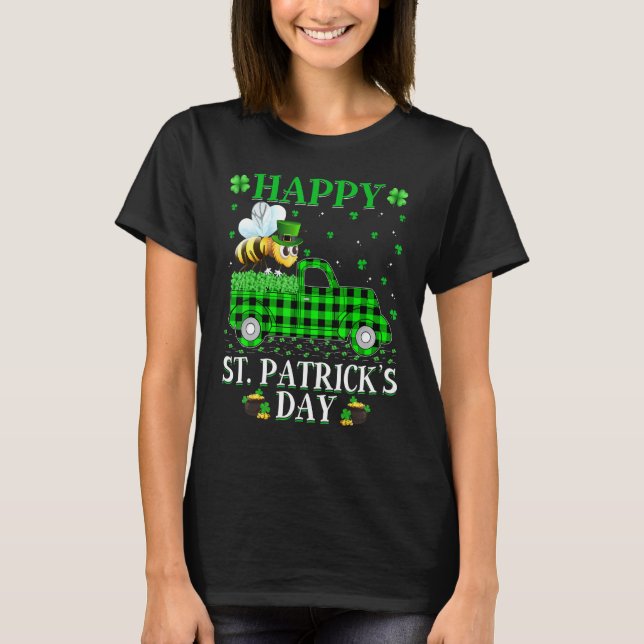 Funny Buffalo Plaid Green Truck Bumble Bee St Patr T-Shirt (Front)