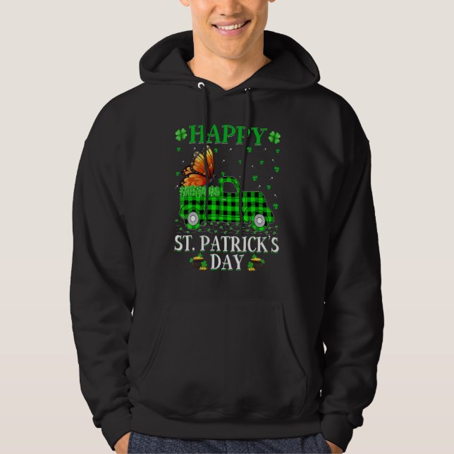 Funny Buffalo Plaid Green Truck Butterfly St Patri Hoodie (Front)