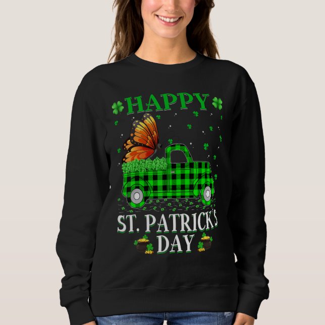Funny Buffalo Plaid Green Truck Butterfly St Patri Sweatshirt (Front)