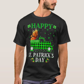 Funny Buffalo Plaid Green Truck Butterfly St Patri T-Shirt