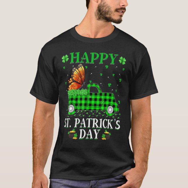 Funny Buffalo Plaid Green Truck Butterfly St Patri T-Shirt (Front)