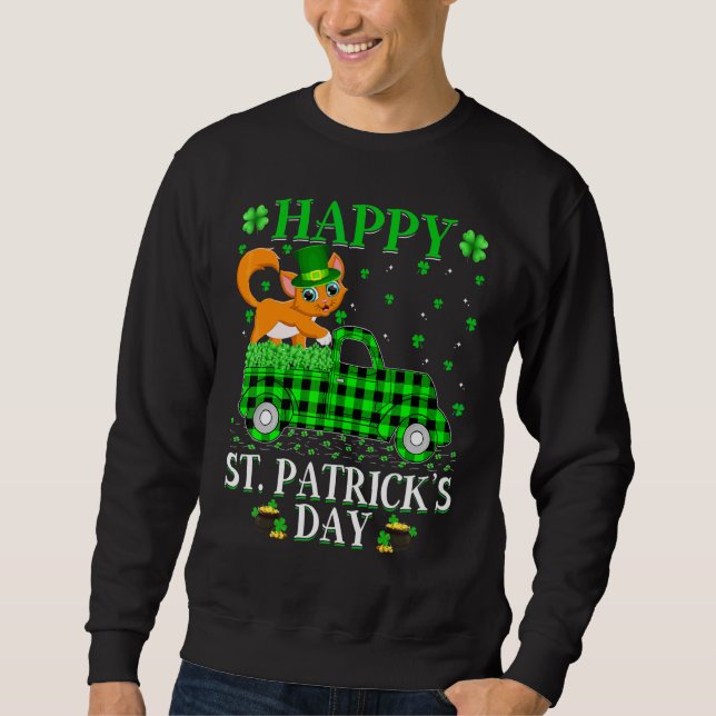 Funny Buffalo Plaid Green Truck Cat St Patrick's D Sweatshirt (Front)
