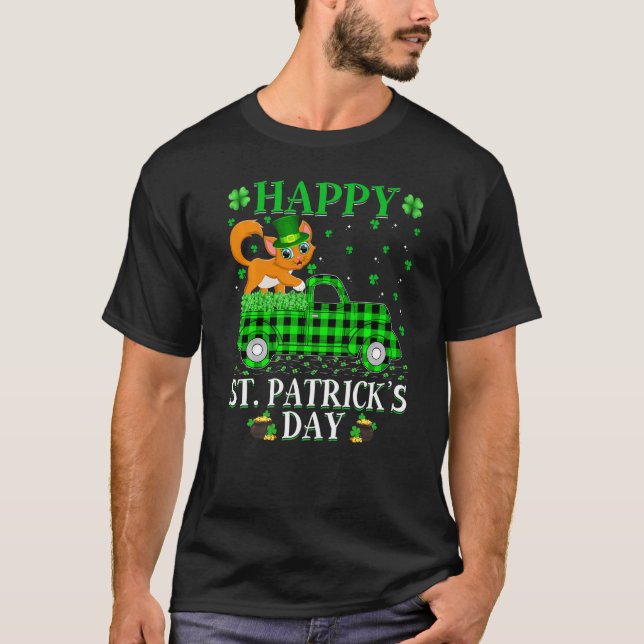 Funny Buffalo Plaid Green Truck Cat St Patrick's D T-Shirt (Front)