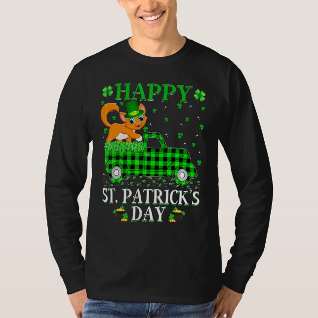 Funny Buffalo Plaid Green Truck Cat St Patrick's D T-Shirt (Front)