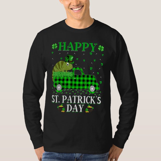Funny Buffalo Plaid Green Truck Chameleon St Patri T-Shirt (Front)