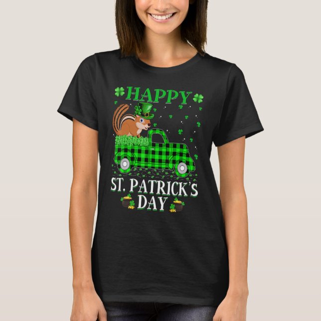 Funny Buffalo Plaid Green Truck Chipmunk St Patric T-Shirt (Front)