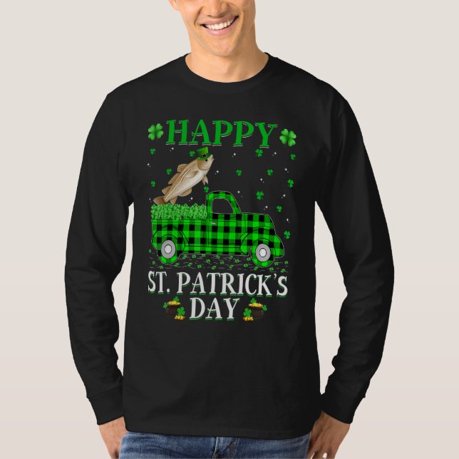 Funny Buffalo Plaid Green Truck Cod Fish St Patric T-Shirt (Front)