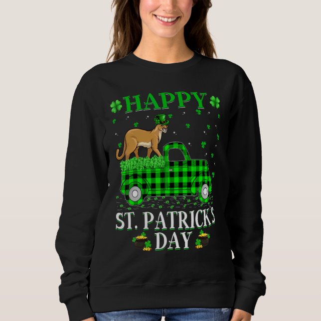 Funny Buffalo Plaid Green Truck Cougar St  Patrick Sweatshirt (Front)