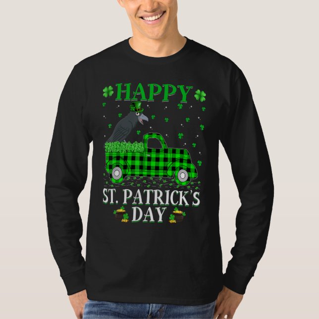 Funny Buffalo Plaid Green Truck Crow Bird St Patri T-Shirt (Front)