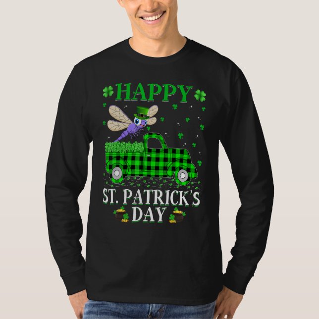 Funny Buffalo Plaid Green Truck Dragonfly St Patri T-Shirt (Front)