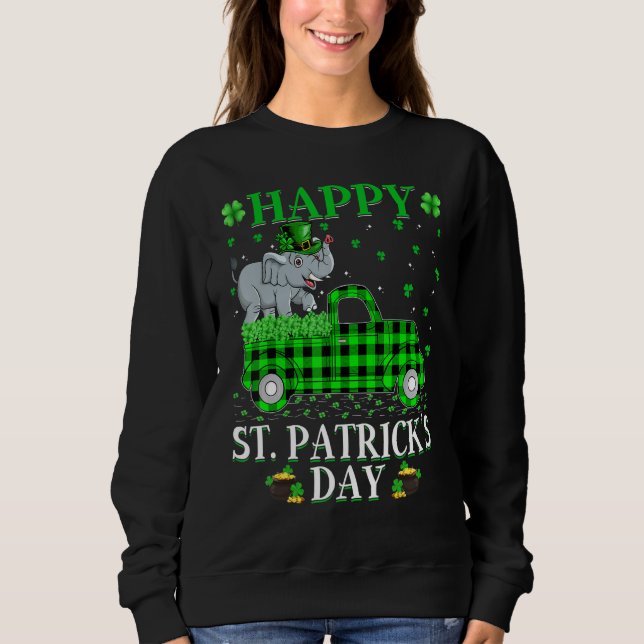 Funny Buffalo Plaid Green Truck Elephant St  Patri Sweatshirt (Front)