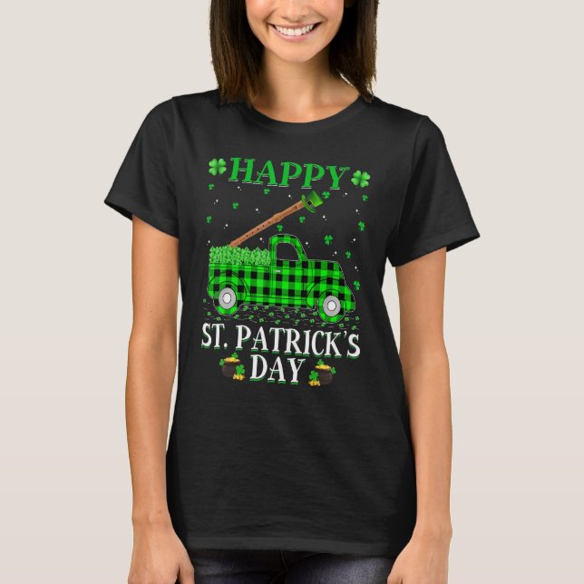 Funny Buffalo Plaid Green Truck Flute St. Patrick' T-Shirt (Front)