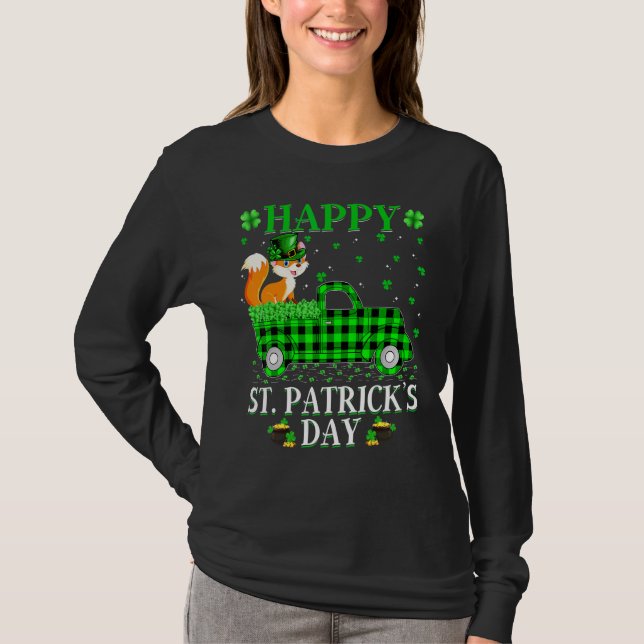 Funny Buffalo Plaid Green Truck Fox St  Patrick's  T-Shirt (Front)