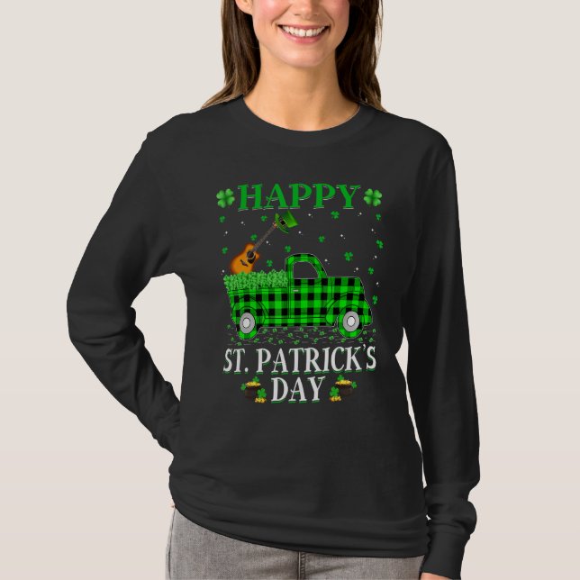 Funny Buffalo Plaid Green Truck Guitar St. Patrick T-Shirt (Front)