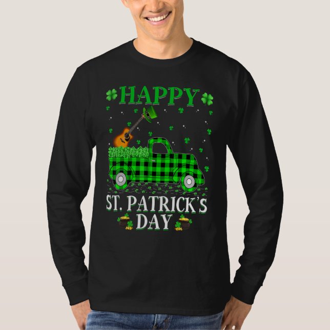Funny Buffalo Plaid Green Truck Guitar St. Patrick T-Shirt (Front)