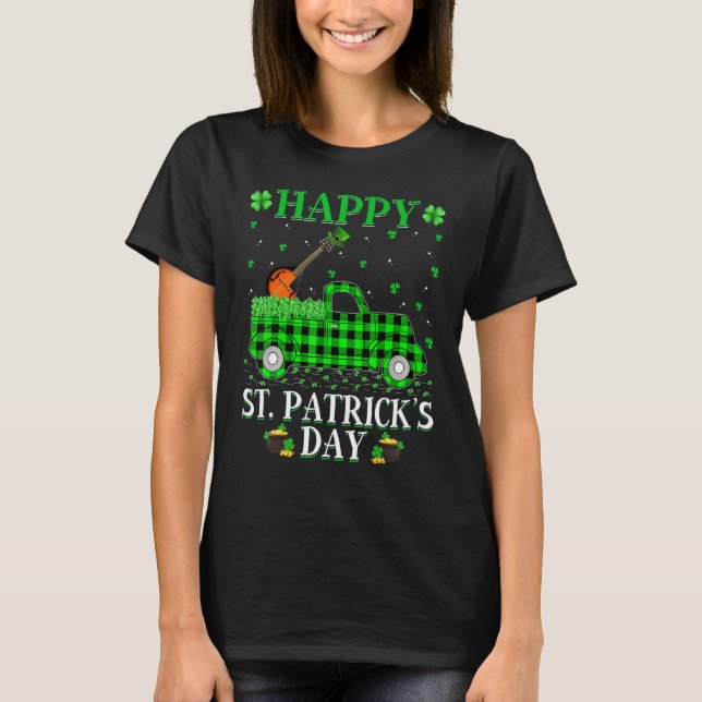 Funny Buffalo Plaid Green Truck Mandolin St. Patri T-Shirt (Front)
