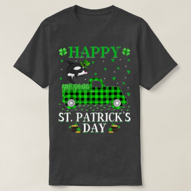 Funny Buffalo Plaid Green Truck Orca Fish St Patri T-Shirt (Design Front)
