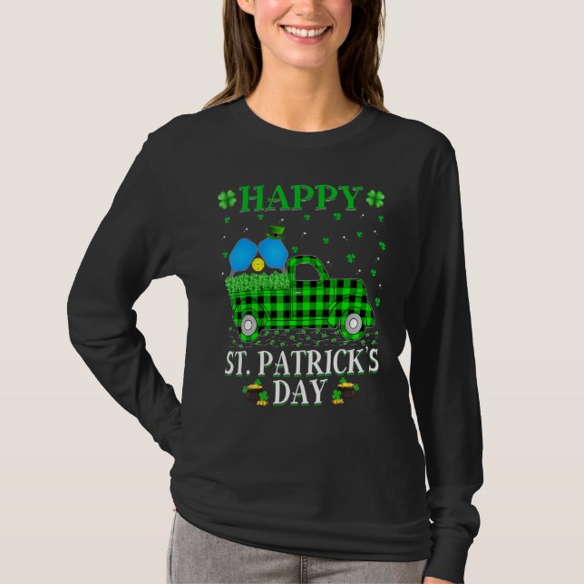 Funny Buffalo Plaid Green Truck Pickleball St. Pat T-Shirt (Front)