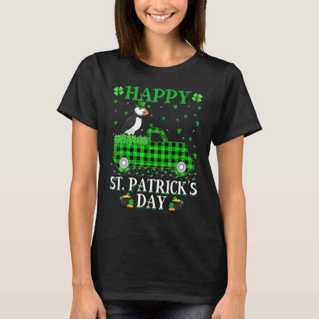 Funny Buffalo Plaid Green Truck Puffin Bird St Pat T-Shirt (Front)